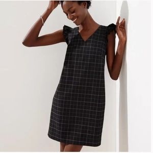 Loft Black and White Checkered Windowpane Ruffle Sleeve Dress